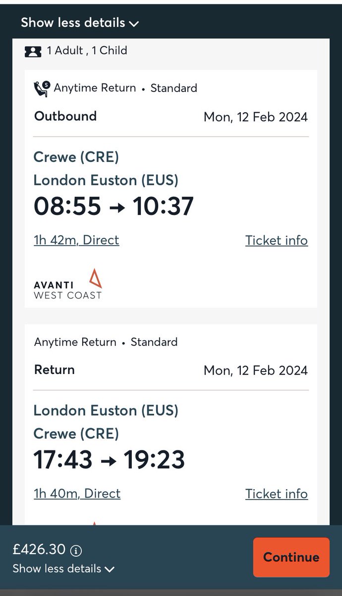 shagyard's tweet photo. Hey @AvantiWestCoast is there a problem with your ticket sales website?
I’m trying to book tickets but it looks like your calculator is malfunctioning??
And adult and child return from Crewe to London Euston on 12th feb is showing as £426 return?  (Four hundred and twenty six ) https://t.co/2ysxwtOu0n