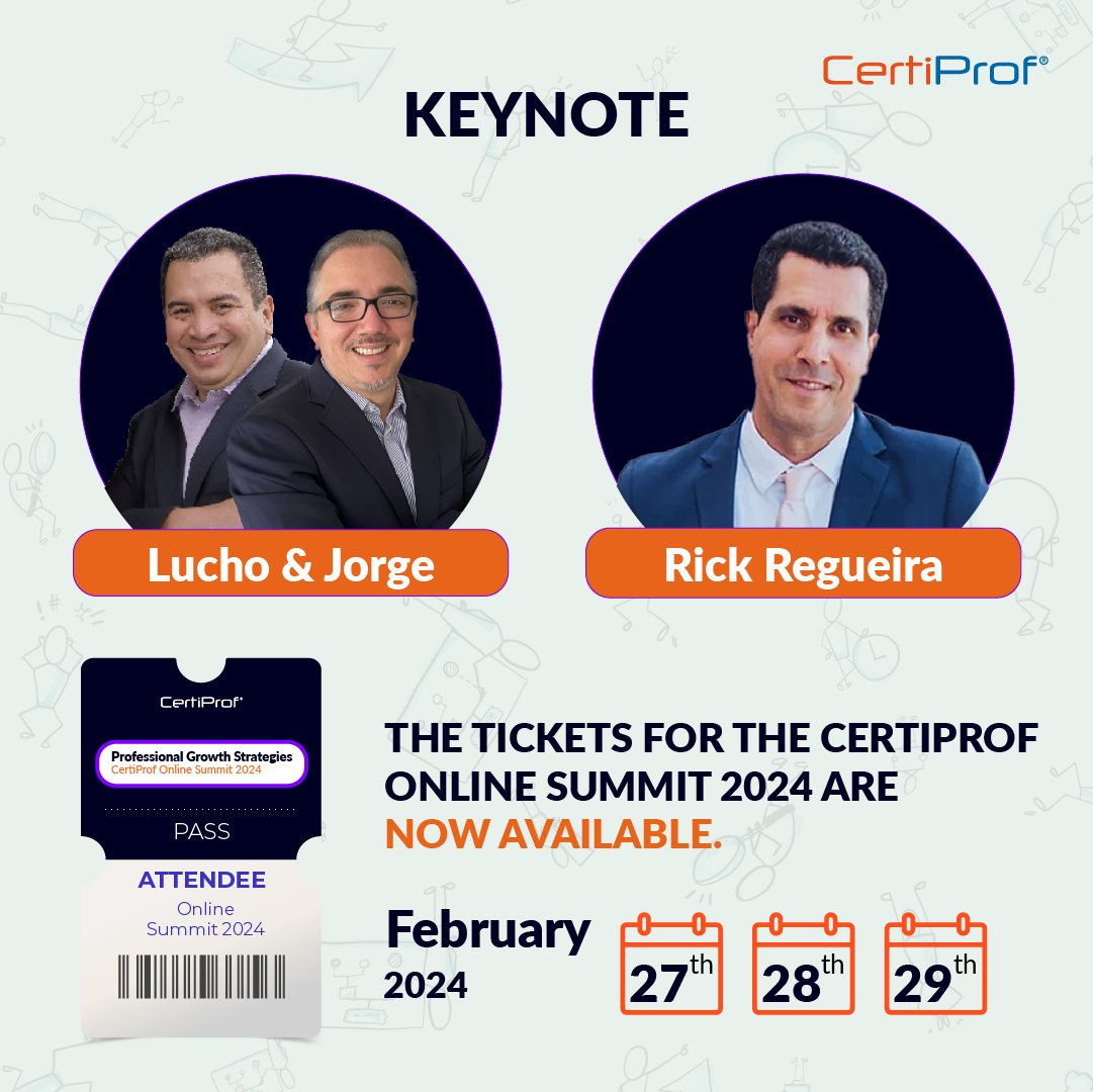 Tickets are now available for the #CertiProfOnlineSummit2024. Our keynote speakers include Luis Salazar and Jorge Hernan Abad Londono from Colombia, and Rick Regueira from the United States.

Don't miss out, get your ticket today: certiprof.com/pages/certipro…

#Agile #Business