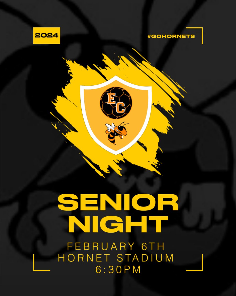 Come celebrate and support our senior soccer players as they kick off their last district season Vs. Judson on February 6th! Recognitions begin at 6:30pm! GO HORNETS! ⚽️
<a href="/ArriolaSuzette/">Suzette Arriola</a> <a href="/joehubb74/">Coach Hubb</a> <a href="/_ECAthletics/">ECHS Hornet Athletics</a>