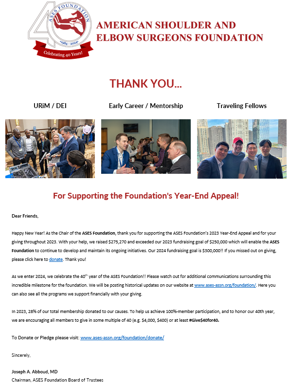 ASESmembers's tweet photo. Dr. Abboud gives Thanks and Celebrates the ASES Foundation’s 40th Year! 2024 marks the ASES Foundation’s 40th year of supporting research, education, and professional development. Donate at https://t.co/pfGQJHNUYT
#ASESF #OrthoTwitter #Give40for40 https://t.co/mKnQjsq2lD