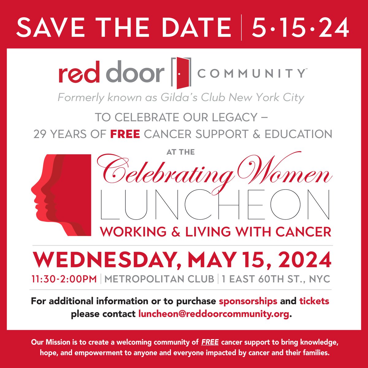 Introducing #RedDoorCommunity's 2024 Celebrating Women Working &amp; Living With Cancer Benefit Luncheon!🌹💪

Join us in celebrating women, their accomplishments, and #RDC’s 100% FREE comprehensive #cancer support program. ✨❤️

Stay tuned for more details!
#CWWALWCL #RDCLuncheon