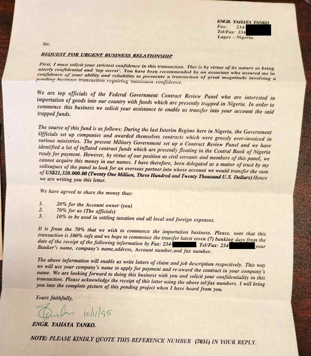 A channel viewer sent this to me showing just how far 419 scams go back. This letter was posted by old-fashioned snail mail to Nigeria to USA and has all the classic scam clues which appear on modern emails. The year? ...... 1995 (thanks Doug)
