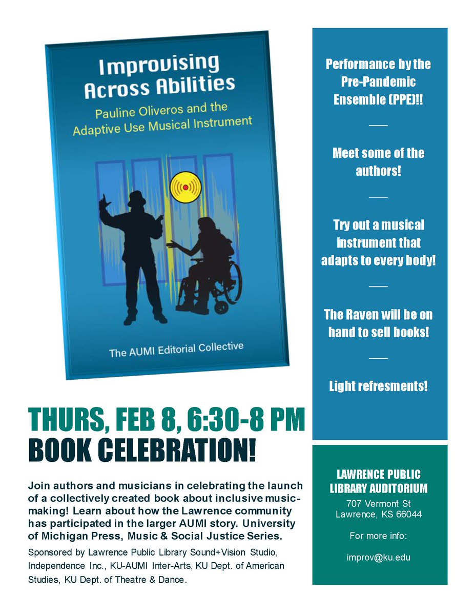 aumi_ku's tweet photo. Book celebration Thursday, February 8! 6:30-8:00 Central time.
Improvising Across Abilities: Pauline Oliveros and the Adaptive Use Musical Instrument (University of Michigan Press). Hybrid event! Lawrence Public Library or Zoom: https://t.co/KMouU9fw4l
Passcode: 401458 https://t.co/EgSJvTXBmM