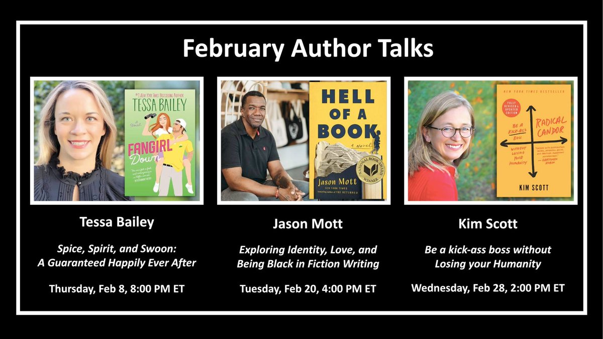 HHHCL's tweet photo. So much to 🩷 about the #authors talking in #February!
Visit the registration page for more information on each talk and to register for these special virtual events: https://t.co/a9crC7jSpE.
#TessaBailey #RomComBooks #JasonMott #Hellofabook #KimBallScott #RadicalCandor https://t.co/yXtCzycwI8