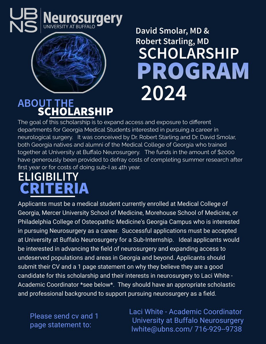 Jeffrey Mullin, MD, MBA, FCNS (@jeffreymullinmd) on Twitter photo I am incredibly pleased and honored to announce the below scholarship. Through the generosity of two prior fellows, Georgia medical students can receive funding to experience what great things we are doing at <a href="/UB_Neurosurgery/">UB Neurosurgery (UBNS)</a>.
Thanks <a href="/DavidSmolarMD/">DavidSmolarMD</a> and Bobby! <a href="/EladLevyMD/">Elad Levy</a> I am incredibly pleased and honored to announce the below scholarship. Through the generosity of two prior fellows, Georgia medical students can receive funding to experience what great things we are doing at <a href="/UB_Neurosurgery/">UB Neurosurgery (UBNS)</a>.
Thanks <a href="/DavidSmolarMD/">DavidSmolarMD</a> and Bobby! <a href="/EladLevyMD/">Elad Levy</a>