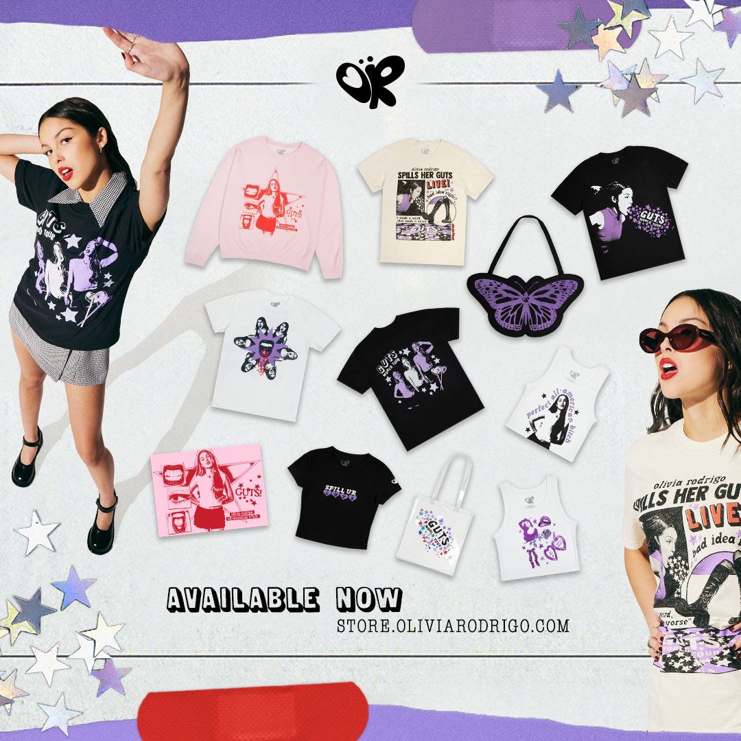 oliviarodrigo's tweet photo. surprise!!! #GUTSworldtour merch is now available. shop before the show! https://t.co/qR4C0Q2cbr https://t.co/c4QTM8mQ1y