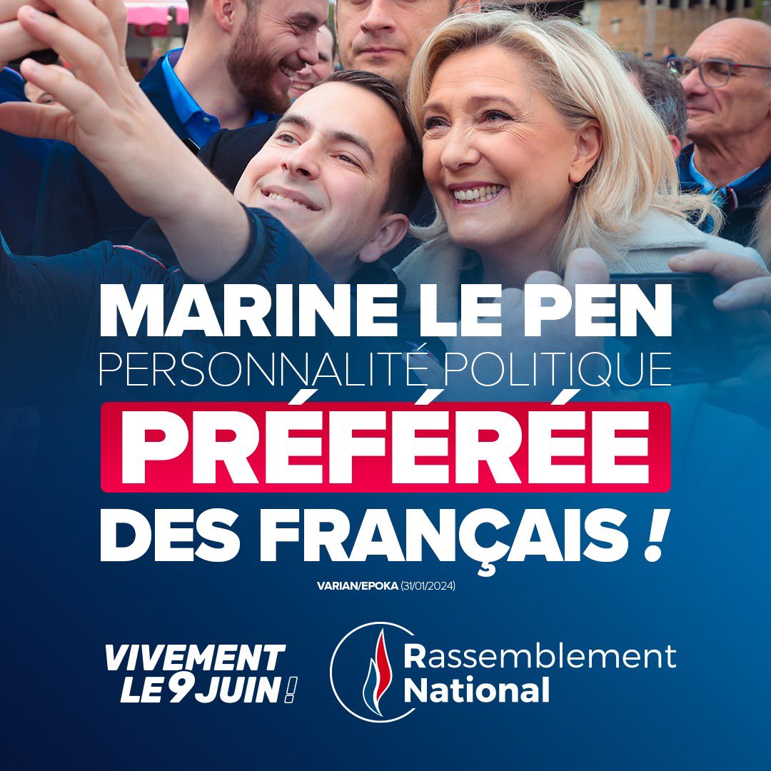 RNational_off's tweet photo. 🔴 Pour la première fois, @MLP_officiel arrive en tête du baromètre du Figaro Magazine : elle est désormais la personnalité politique qui recueille le plus d’opinions positives auprès des Français ! https://t.co/nL10mmhVVs