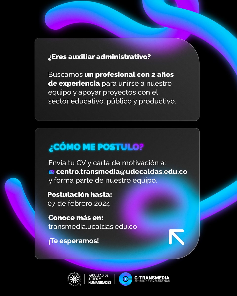 c_transmedia's tweet photo. 🔵🟣 En C-Transmedia buscamos #personal creativo, dinámico e innovador para ser parte del Centro de Investigación - Creación.
.
¿Cómo me postulo? 🪁 Envía tu CV y carta de motivación a 🖌️centro.transmedia@udecaldas.edu.co y nos pondremos en contacto contigo para una entrevista. https://t.co/tI0u9bUTHJ