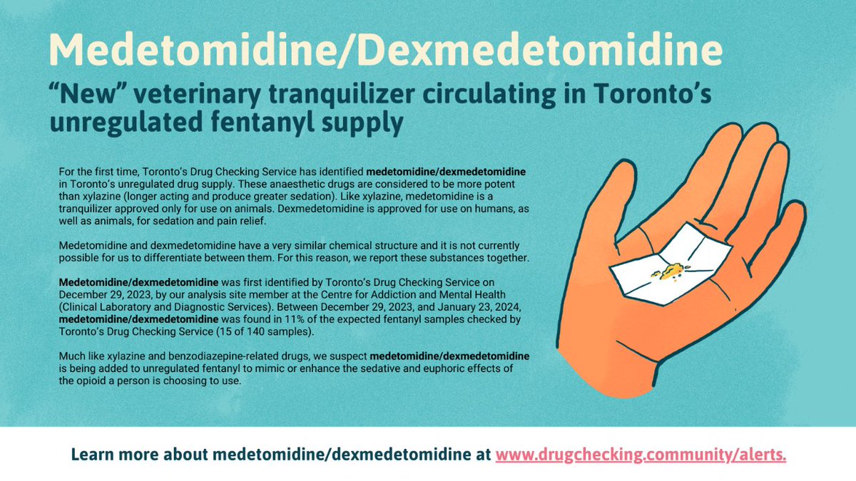 We've identified a 'new' veterinary tranquilizer in Toronto’s unregulated fentanyl supply: medetomidine/dexmedetomidine. Visit the Alerts section of our website to learn more, link below and in our bio. #DrugcheckingTO