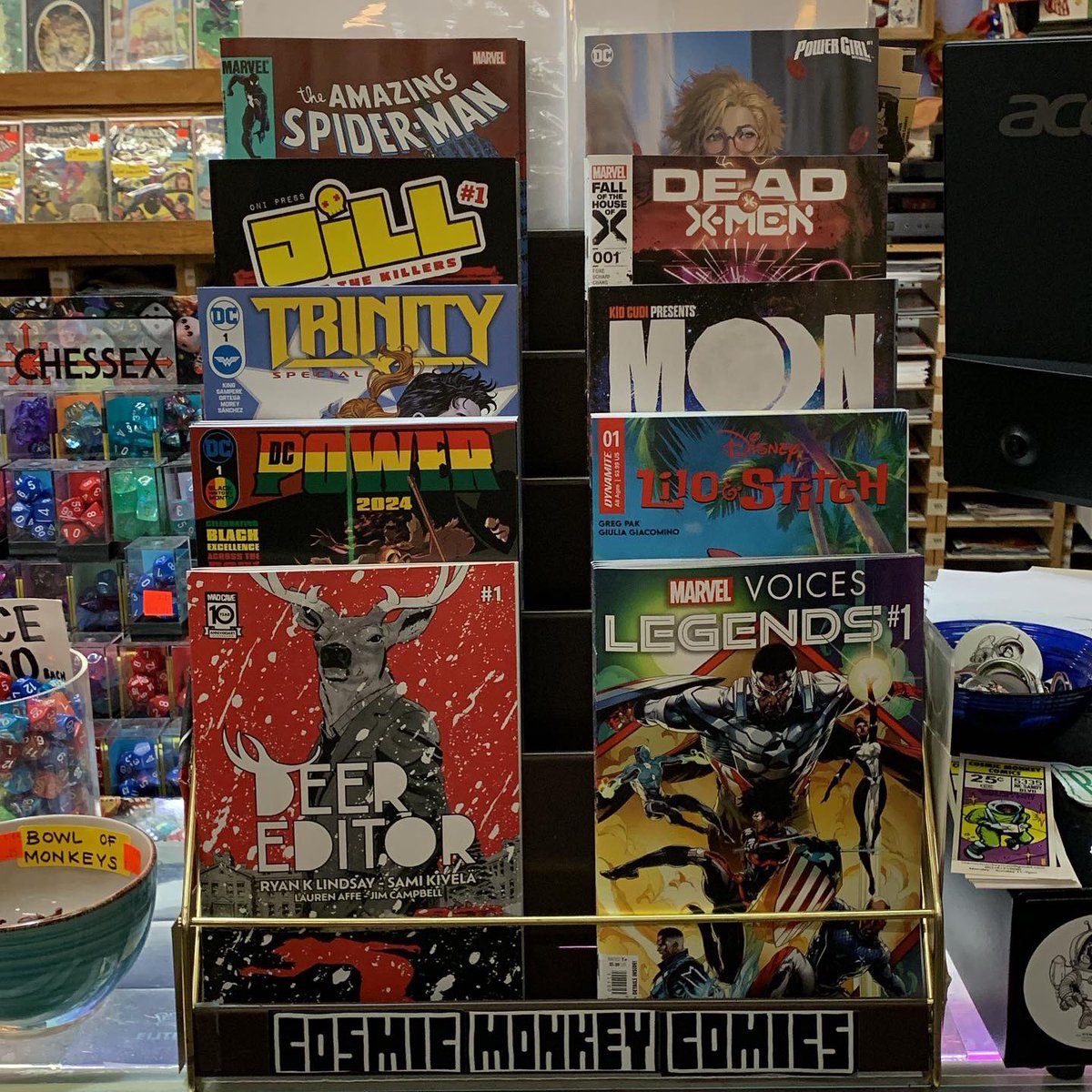 Here’s our featured rack this week! Always great new titles (and an occasional dud!) #deereditor #marvelvoiceslegends #dcpower2024 #disneyliloandstitch #trinityspecial #kidcudipresentsmoonman #jillandthekillers #deadxmen #amazingspiderman252facsimileedition #powergirluncovered