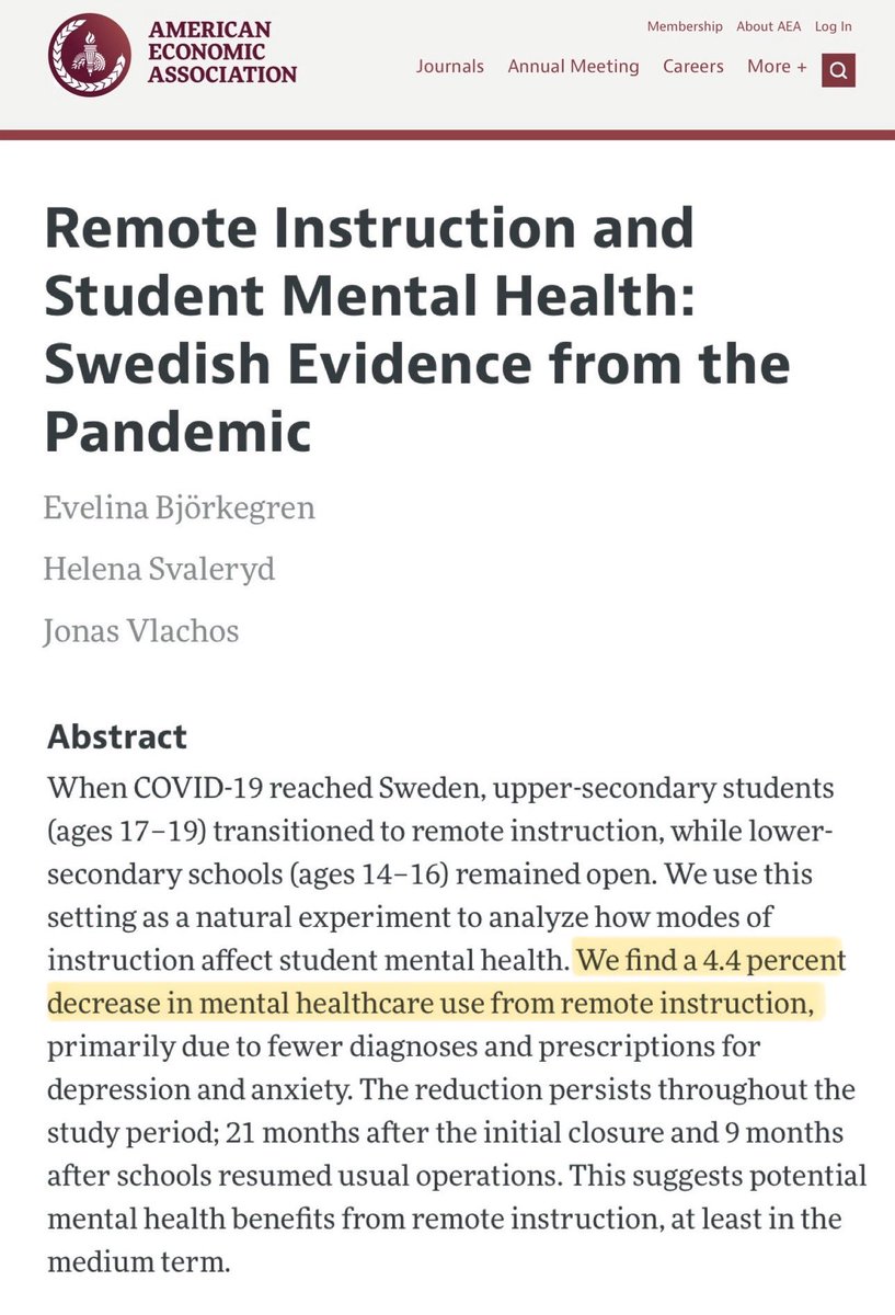 REMOTE SCHOOLING &amp; CHILDREN’S MENTAL HEALTH:

In Sweden, pupils aged 17-19 switched to remote learning in Spring 2020 whereas schools remained open for pupils aged 14-16.

Interestingly, the pupils who switched to remote learning had a 4.4% DECREASE in mental healthcare use.

🧵