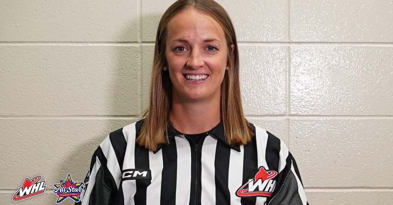 TheWHL's tweet photo. Alexandra Clarke, the first female WHL linesperson and referee, is heading to Toronto to work the lines for the PWHL 3-on-3 Showcase as part of #NHLAllStar festivities!