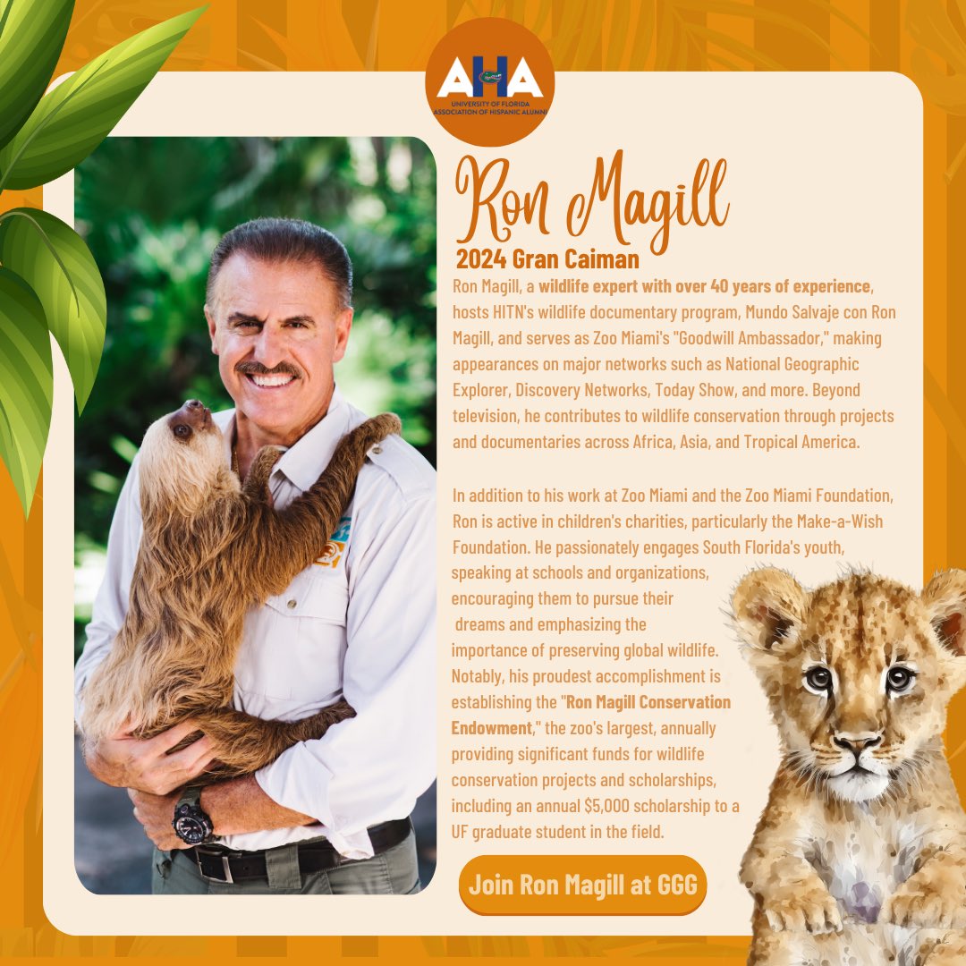 UFCaimanes's tweet photo. Join us in congratulating the Association of Hispanic Alumni's 2024 Gran Caiman: ​@RonMagill 

Ron Magill is a wildlife expert with over 40 years of experience, hosts a wildlife documentary program, Mundo Salvaje con Ron Magill, and serves as Zoo Miami's "Goodwill Ambassador". https://t.co/zSLD2Xq4vs