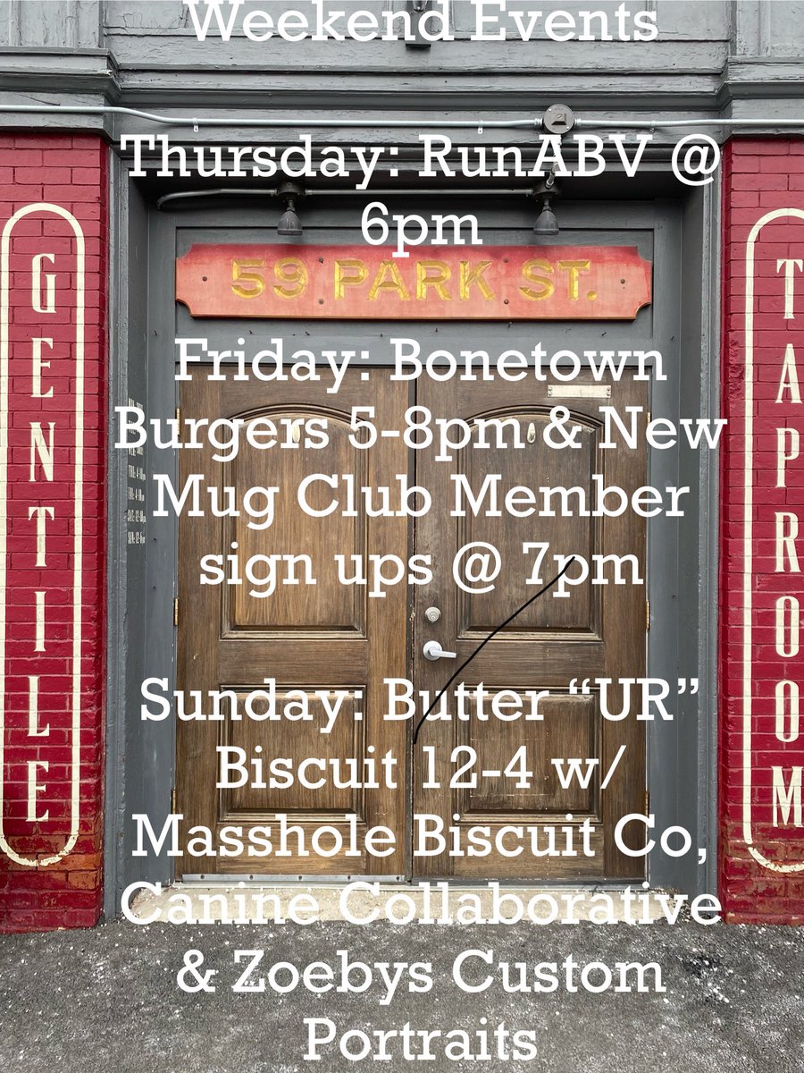 Weekend things: 

Friday: @bonetownburgers 5-8pm & new mug club member sign ups at 7pm

Sunday: Butter Ur Biscuit & dog treats, training & portraits 12-4pm. Also, a cribbage tournament 3-6pm. Only 11 spots left. Message us & we will add you to the list. Prizes for winners!