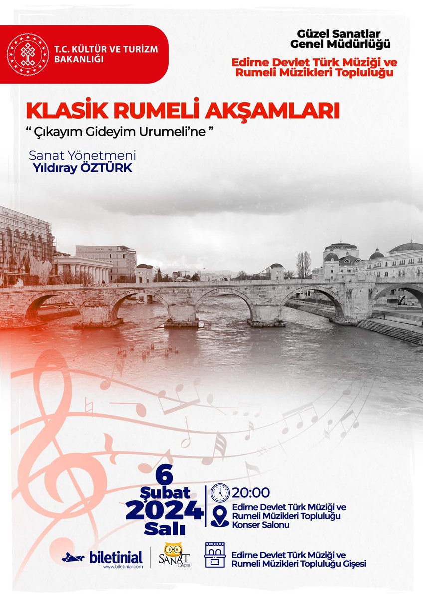 KLASİK RUMELİ AKŞAMLARI
“Çıkayım Gideyim Urumeli’ne”

⏱️ 6 Şubat Salı 20:00

📍Edirne Devlet Türk Müziği ve Rumeli Müzikleri Topluluğu Salonu

🎫 biletinial.com/tr-tr/muzik/kl…