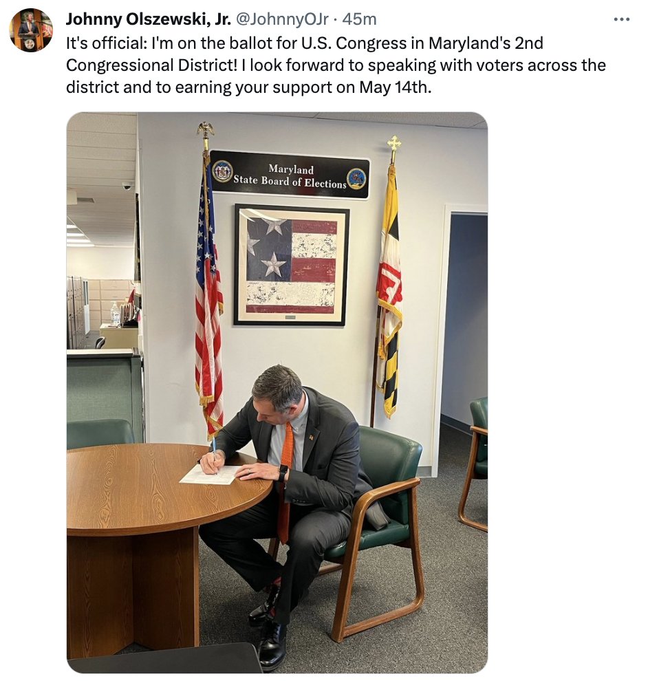 CarrollObserver's tweet image. John “Johnny O” Olszewski, Jr. filed with the SBOE and is now listed as an "Official Candidate" in the #MD02 Candidate Tracker.

See the full list of candidates (as of today), photos and websites here: carrollcountyobserver.com/2024/01/27/202…

#CarrollCountyMD #Baltimore #BaltimoreCounty