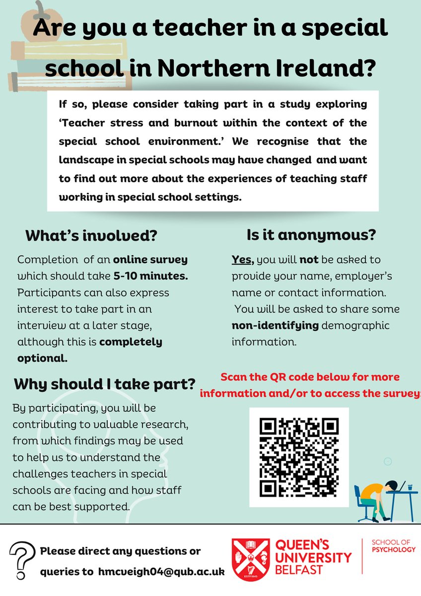 hannahmcv93's tweet photo. Are you a teacher working in a SEN school in Northern Ireland? 🍎 If so, please consider participating in a short, anonymous 5-10 minute survey investigating stress, burnout and coping in the SEN teaching profession. If interested, please click the link: https://t.co/UFMjXw4wTN https://t.co/WrSXBcUjZE