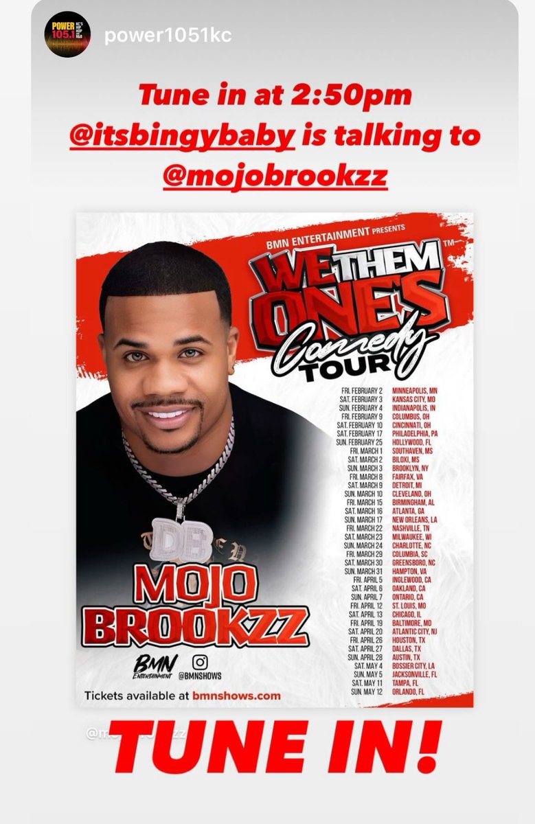 TUNE IN!! @ItsBingyBaby is talking to @mojobrookzz , he’s gonna be at the @tmobilecenter for the We The Ones Comedy Tour!