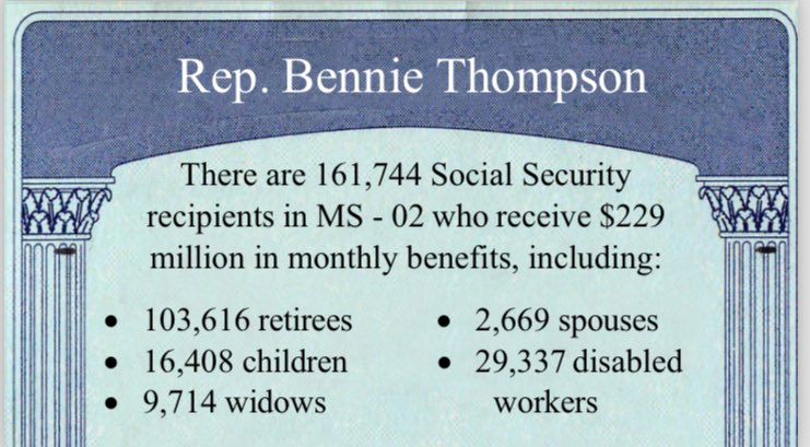 BennieGThompson's tweet photo. 84 years ago, Ida May Fuller received the first ever #SocialSecurity check. Today, I’m a proud co-sponsor of the #SocialSecurity2100 Act to protect benefits for people in #MS02. I will always keep fighting to protect and save this program. @RepJohnLarson https://t.co/gegSqXCNIP