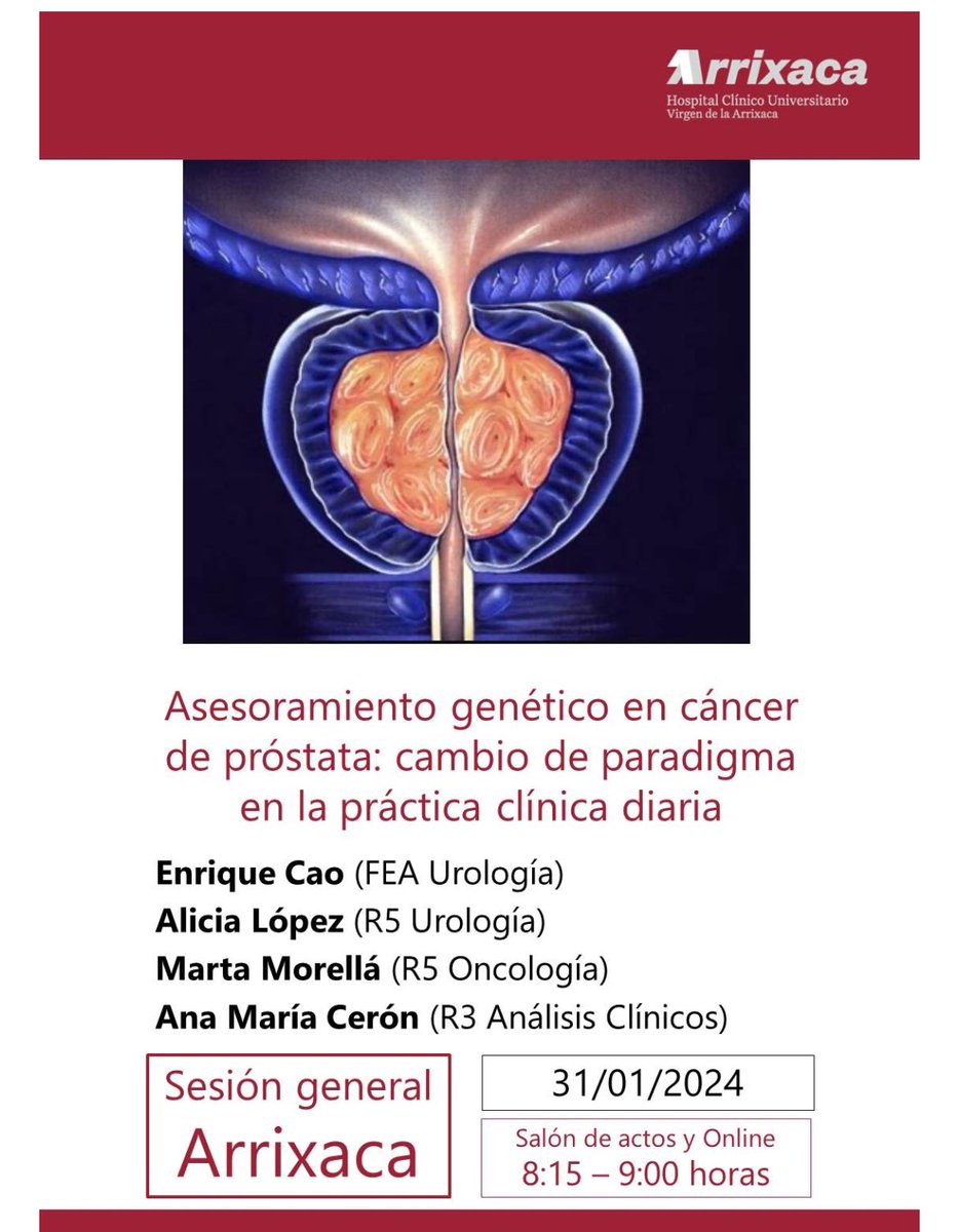 LabArrixaca's tweet image. Nuestra R3 Ana Cerón esta mañana en la Sesión General “Asesoramiento Genético en Cáncer de Próstata” para explicar el rol del Laboratorio de Genómica del @LabArrixaca.
Más de 20 años haciendo Genética desde la especialidad de Análisis Clínicos. 👨🏻‍🔬🧬
@AreaUnoArrixaca
@Murciasalud