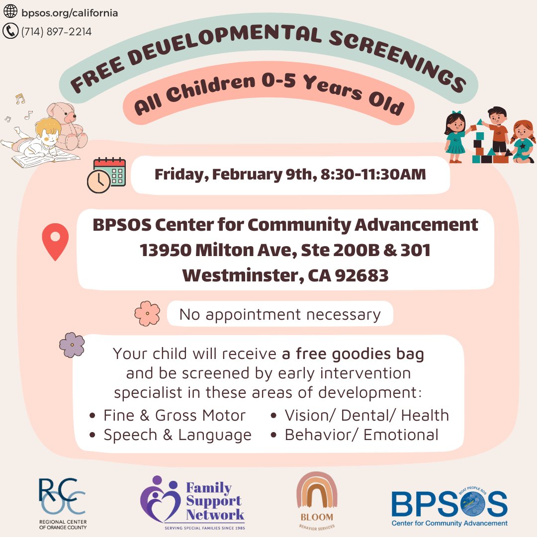 BPSOSCCA's tweet image. Do you have concerns about your child's development?BPSOS is hosting a free developmental screening! Please see the flyers for more details #developmentalscreening #freescreening #disability #dds #childscreening #communityevent #prescreening #predisabilityscreening