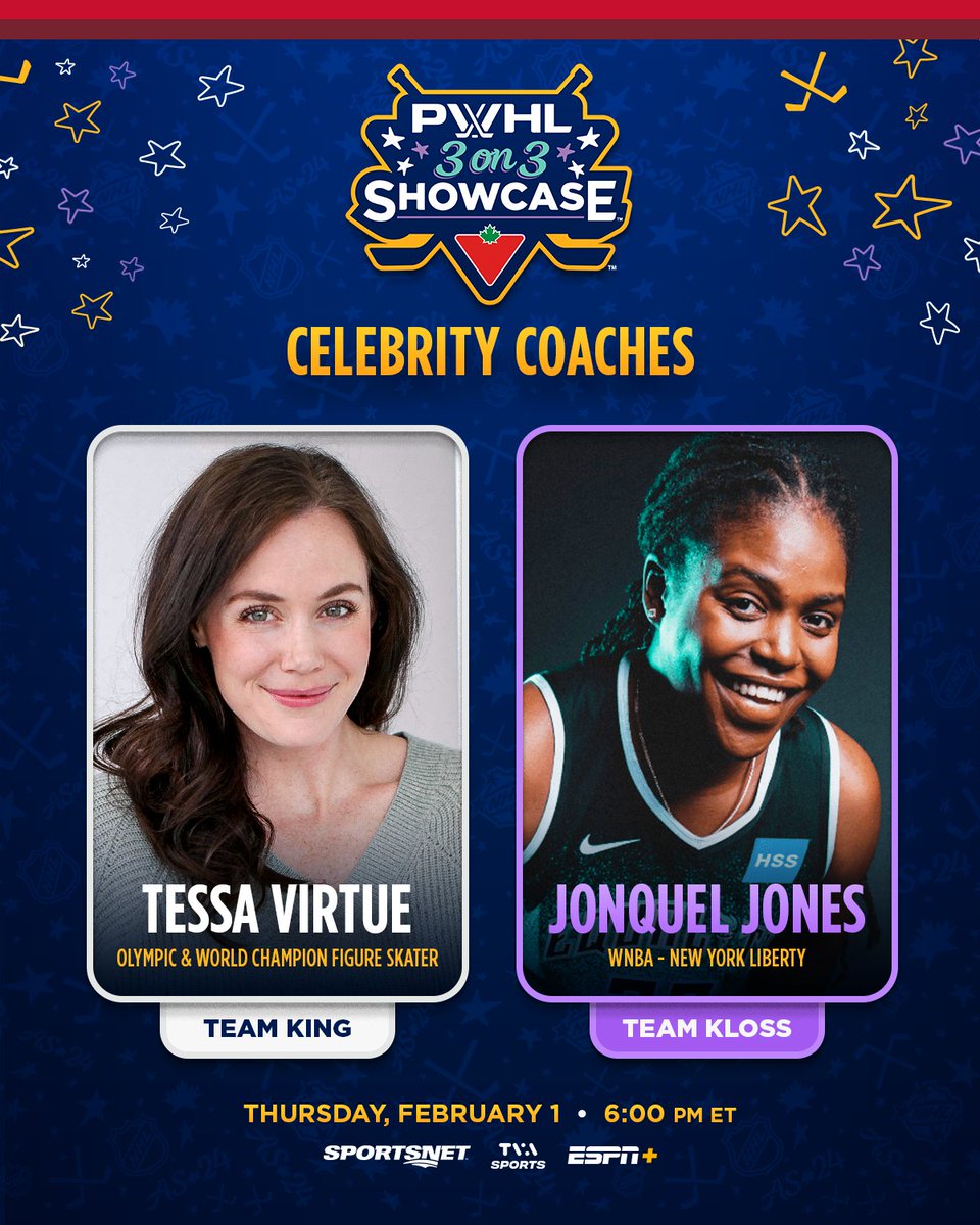 Two incredible athletes are joining our teams behind the bench as coaches at the Canadian Tire PWHL 3-on-3 Showcase during NHL All Star Thursday! 🎉 Olympian and World Champion Figure Skater Tessa Virtue joins Team King and 2021 WNBA MVP and New York Liberty Forward Jonquel…