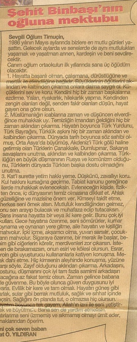 Esat komutanımızın oğluna yazdığı mektup.