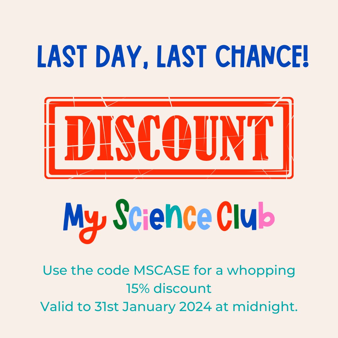 LAST FEW HOURS for our 15% discount code - valid until midnight tonight! Don't miss out on this fantastic opportunity to be part of our club & let us take the pressure off your science club preparation! Enter MSCASE at checkout for 15% off! bit.ly/JoinMSC23