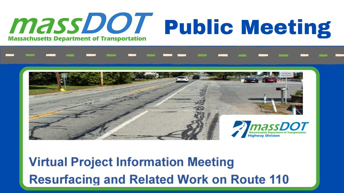 MassDOT's tweet image. Tonight 1/31, at 6:00pm in #Lowell #Dracut #Methuen, #MassDOT will hold a virtual public information meeting will be for the proposed resurfacing and related work on Route 110 project. 

ℹ️ mass.gov/event/lowell-d…