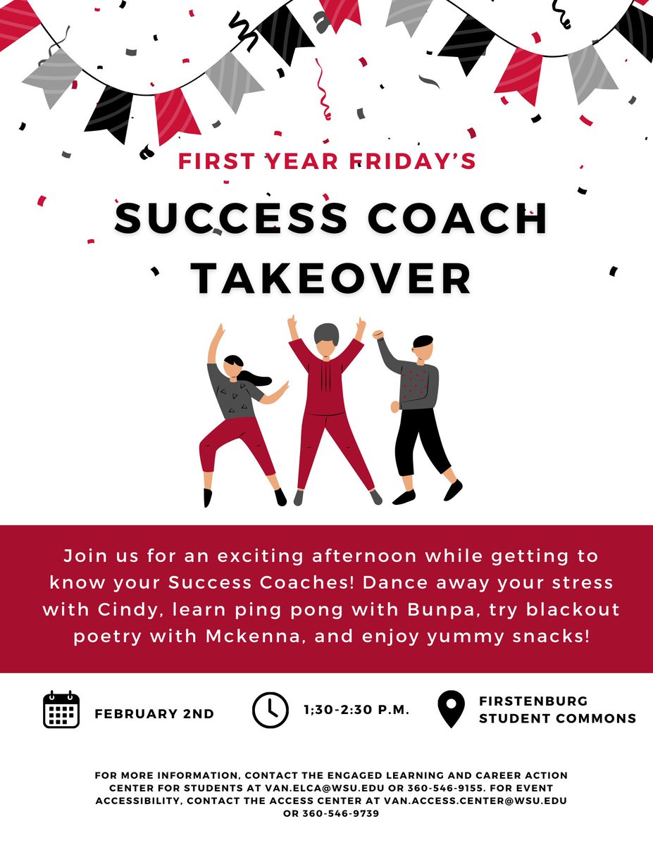 wsuvelca's tweet photo. First Fridays are back for spring semester! Your Success Coaches are excited to see you this Friday! 🏓 💃 https://t.co/1p2Nnscfbd