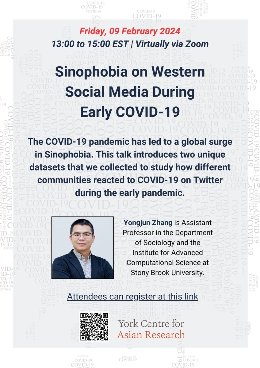 Did you notice an uptick in Sinophobia during the COVID-19 pandemic? Join us for a virtual event with Yongjun Zhang, who will share his research on Sinophobia on Western Social Media During Early COVID-19. 🗓️ 09 February 2024 ⏰ 13:00 to 15:00 EST 🔗buff.ly/3HC2DDl