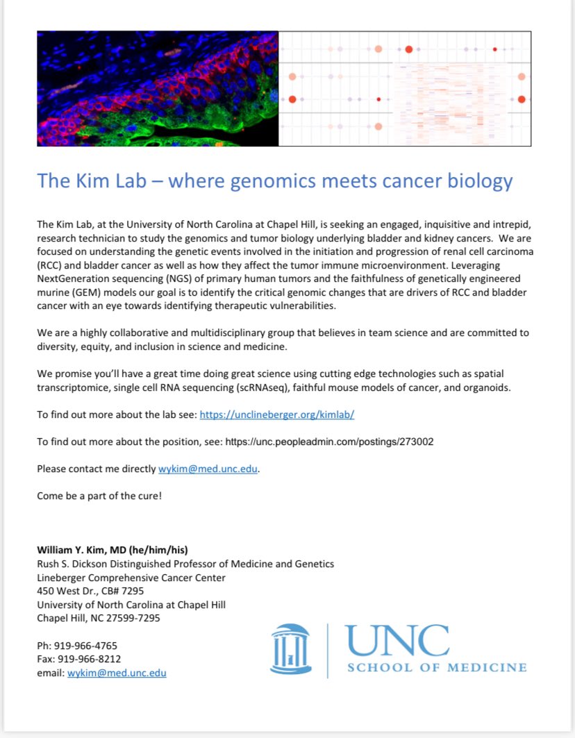 Exciting opportunity to join the @WilliamKimMD Lab as a Research Technician! I highly recommend joining this collaborative lab to study bladder and kidney cancer using innovative techniques. More information in the flyer below 👇! @UNC_Lineberger @UNCurology @UNCUroOnc