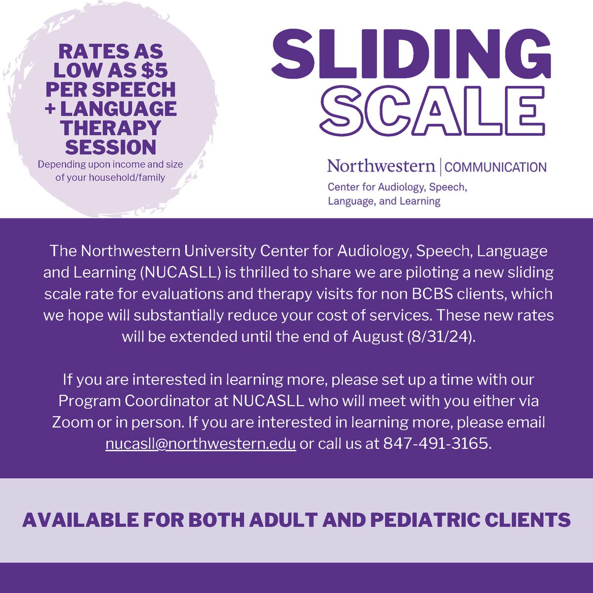 nucasll's tweet photo. Excited to announce we have launched a new sliding scale for speech and language services at NUCASLL, spread the word! #nucasll #northwesternuniversity https://t.co/oKiODx13jP