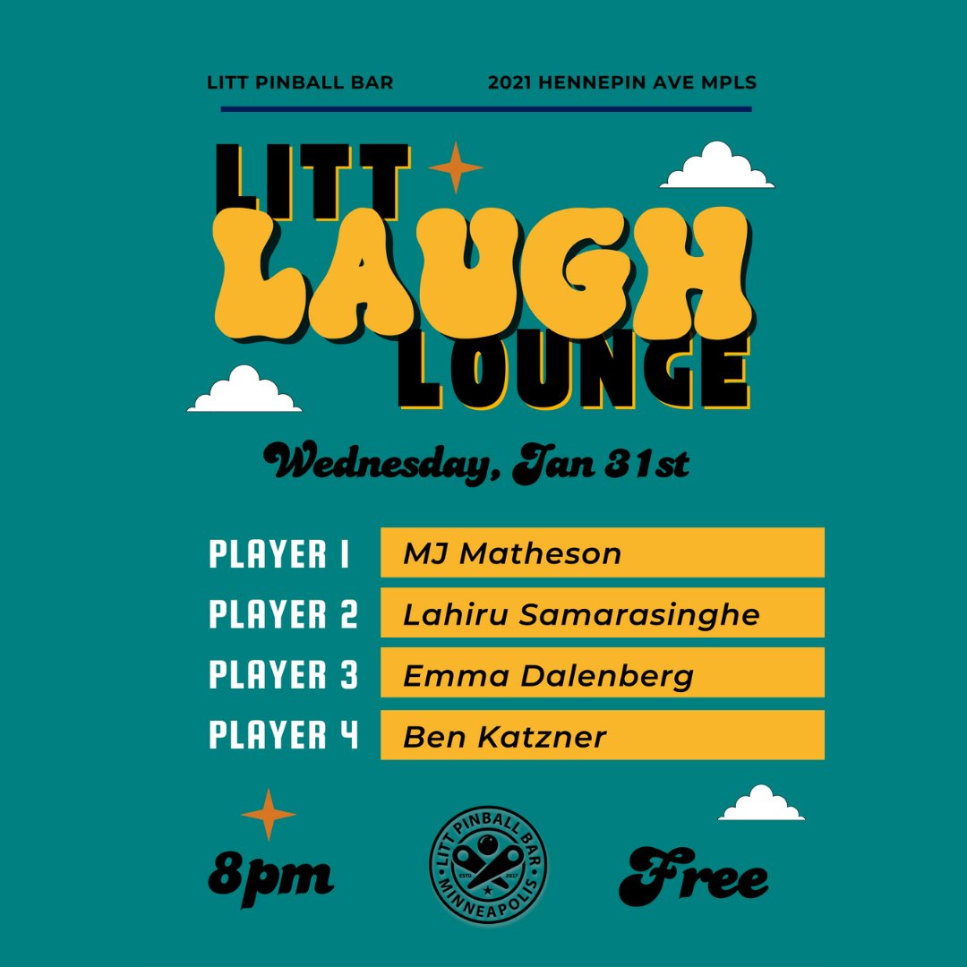 Comedy and pinball tonight!

<a href="/m/">M</a>.j.matheson
<a href="/itslahiru/">Lahiru Samarasinghe</a>
<a href="/emmadcomedy/">emma “is vibing” dalenberg</a>
@shaqkatzner

#pinball #littpinballbar #LITT #littpinball #comedy #uptown #mncomedy
