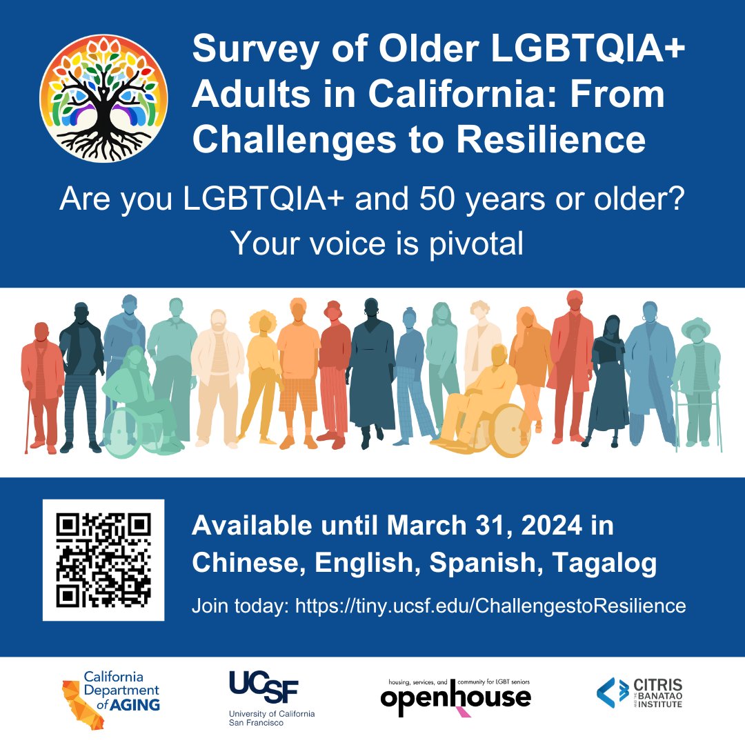 If you’re 50+ and part of California’s vibrant LGBTQIA+ community, <a href="/CalAging/">California Department of Aging</a> wants to hear from you. Complete their survey by Mar 31 to influence resources, services and policies to better support the well-being and rights of our aging LGBTQIA+ community. aging.ca.gov/Survey_of_LGBT…