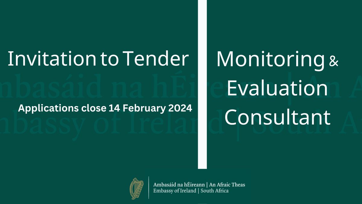 We are inviting tenders for a Monitoring &amp; Evaluation consultant for a 3-year drawdown contract to implement our M&amp;E learning plan, build capacity, and improve the depth of analysis of our data.  Full tender specs here:  ireland.ie/en/southafrica……