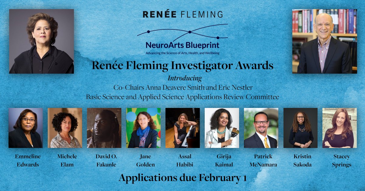Proud to share the Review Committee for the Renée Fleming Neuroarts Investigator Awards. Co-Chaired by Dr. Eric Nestler and @AnnaDeavereS, the review committee includes 9 renowned experts from a variety of fields.