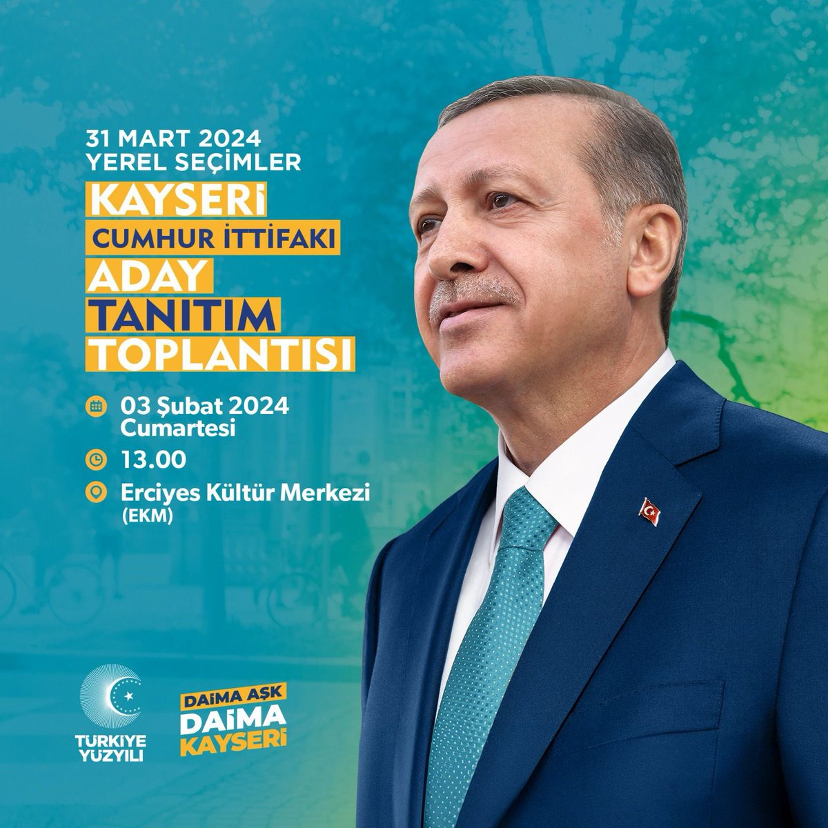 Kayserili Hemşehrilerimizle Buluşuyoruz…

Kayseri İlçe Belediye Başkan Adaylarımızın Tanıtım Toplantısı’na tüm hemşehrilerimi davet ediyorum.

🗓️ 3 Şubat 2024 Cumartesi
🕰️ 13:00
📍Erciyes Kültür Merkezi

Kayseri #DaimaHazır #DaimaKararlı