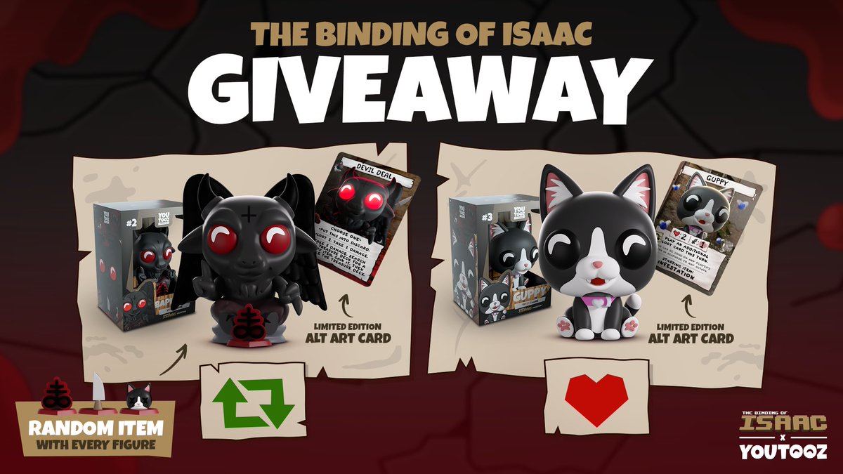 binding of isaac giveaway 😈 to enter 👉 retweet for baphomet or like for guppy 😺 3 winners for each announced friday!