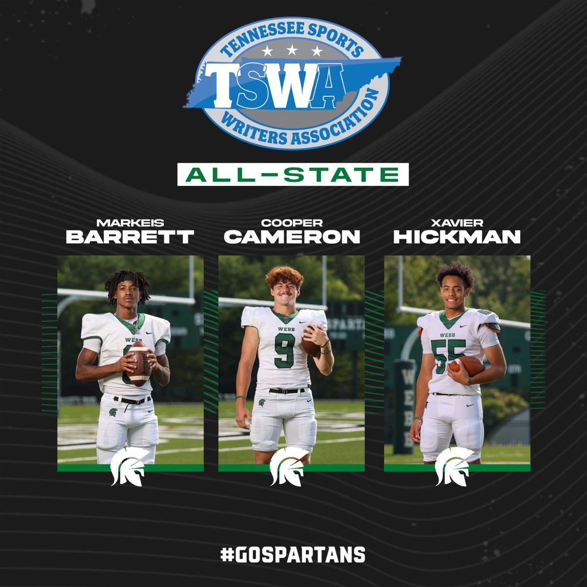 Congratulations to senior football players Markeis Barrett, Cooper Cameron, and Xavier Hickman, on being named to the TSWA All-State Team‼️

#GoSpartans ⚔️🟢⚪️