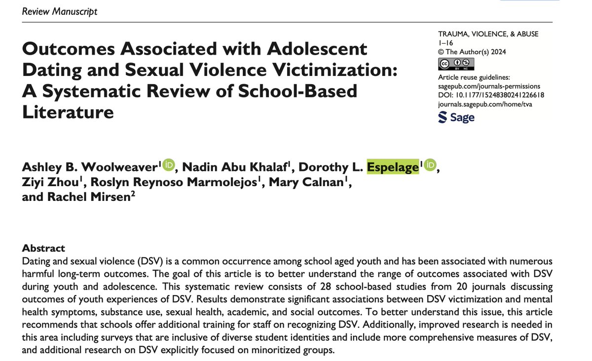 Outcomes Associated with Adolescent Dating and Sexual Violence Victimization: A Systematic Review of School-Based Literature. Pub with undergrad RAs! journals.sagepub.com/doi/pdf/10.117… @UNC @UNCResearch @UNCSchoolofEd