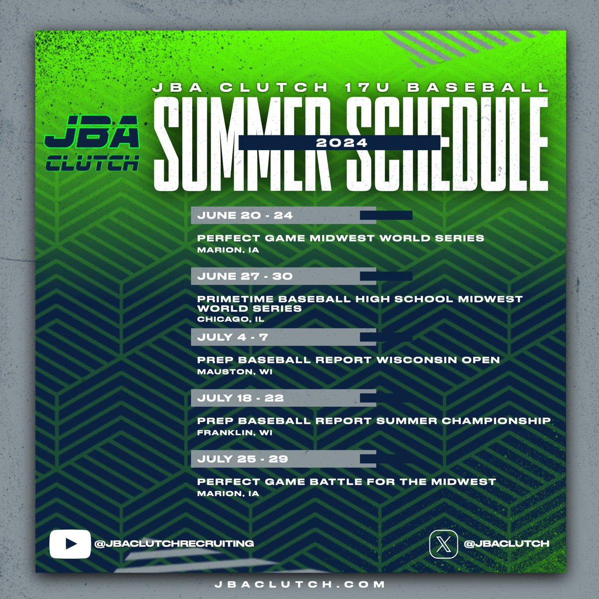 jbaclutch's tweet photo. 🗓️ Summer Schedule for 17U Baseball 🗓️

Clutch players will be headed out to play some of the top teams in Midwest! 

17U Baseball Player Profiles with video ➡️ https://t.co/4WcopvMQS5

#beclutch https://t.co/7usVvo0VMk