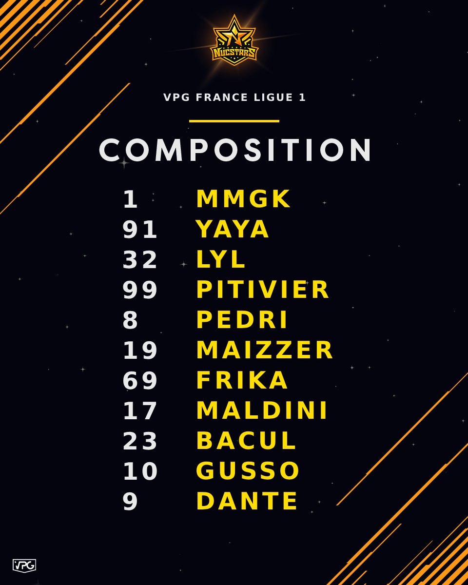 ⚡️COMPOSITION⚡️

Match à 21h40⌚️

⚫️🟡#NucStars  ⚪️🔵#FrenchTouch