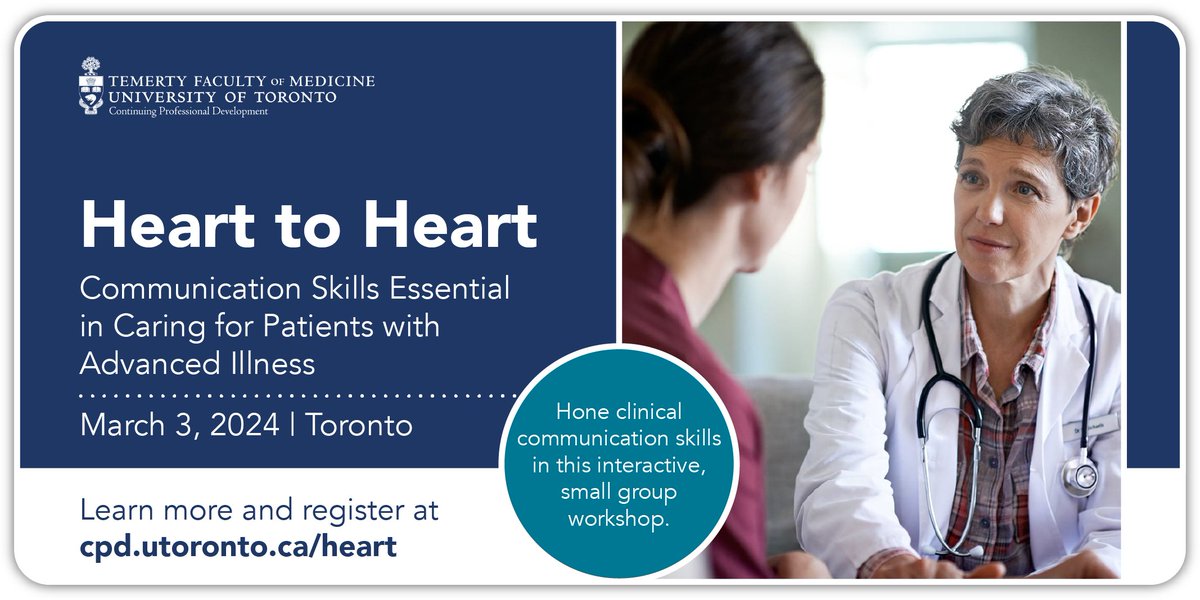 Develop clinical #communication skills essential in #healthcare. Heart to Heart returns for an interactive, full-day workshop with 2 🆕 standardized patient scenarios for 2024. 📅 March 3 📍 Toronto 🔗 cpd.utoronto.ca/heart/