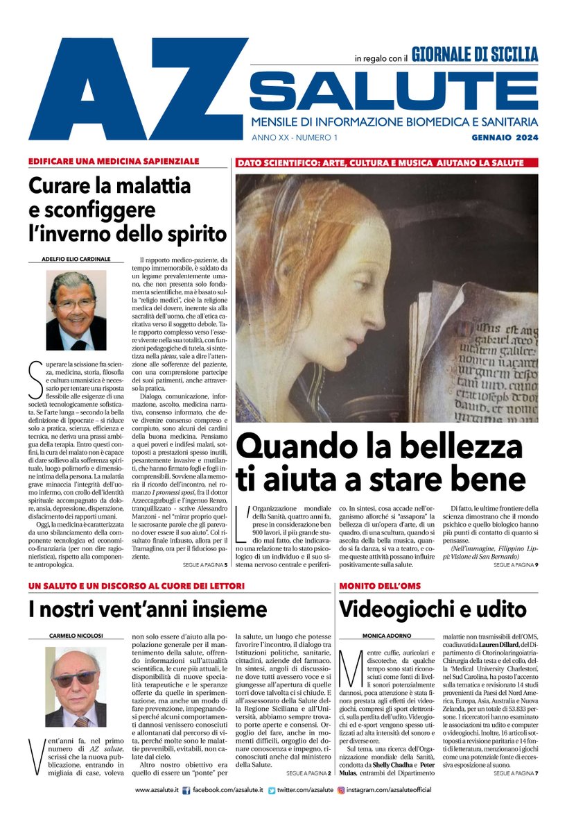 AZSalute's tweet photo. Cari lettori, AΖ Salute compie venti anni.
Ecco il numero di gennaio del tabloid AZ Salute. Lo trovate, come ogni ultimo mercoledì di ogni mese, allegato gratuitamente al Giornale di Sicilia.
https://t.co/k3Zio8VDKJ
#AzSalute #GiornalediSicilia #azsalutetabloid #Salute #benessere https://t.co/pZBKQoPmWf