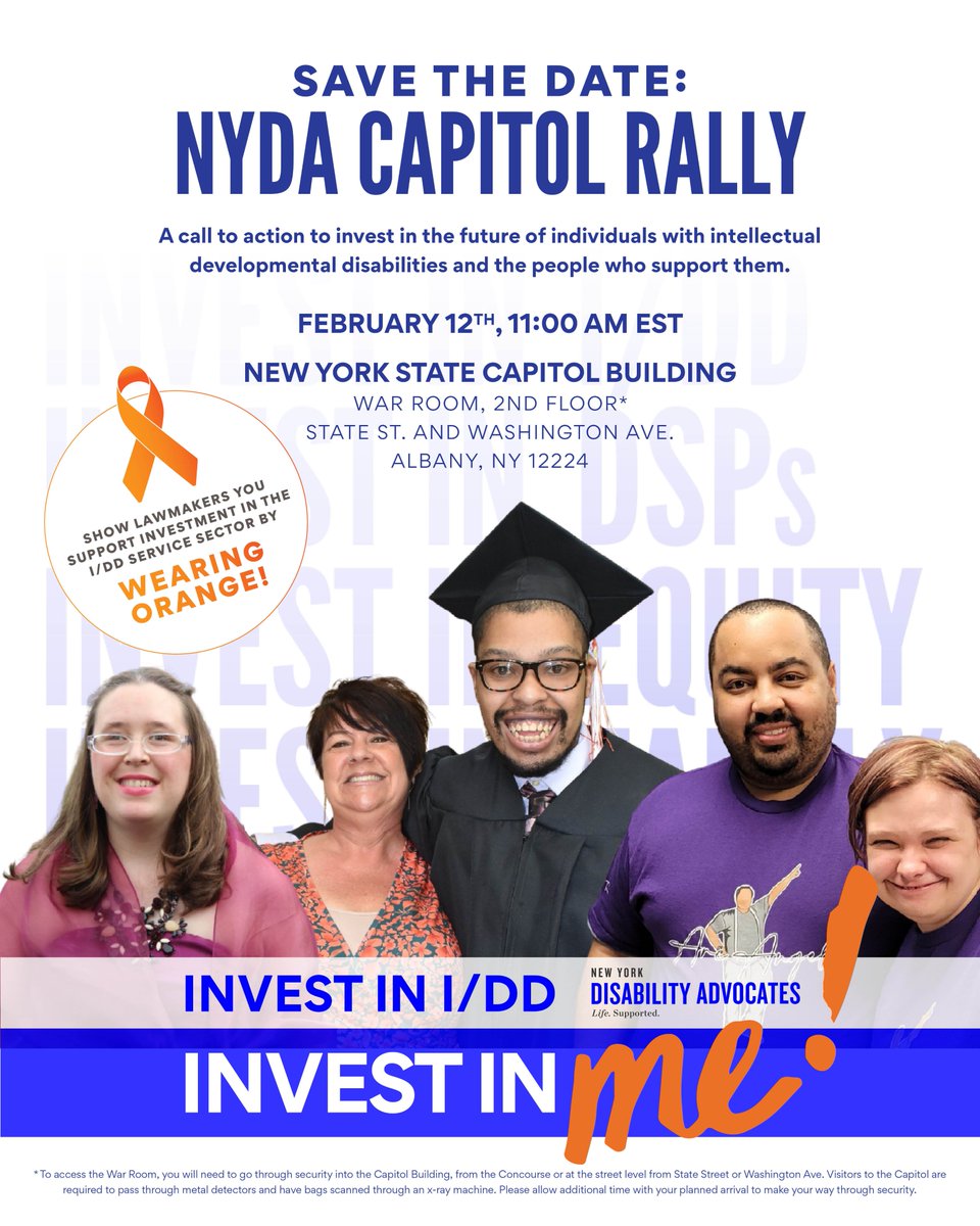 🚨Calling all advocates, caregivers and allies🚨Join our rally at the NYS Capitol Building on Feb 12 to fight for the future of the I/DD community. 

Register here: bit.ly/42mUpZt