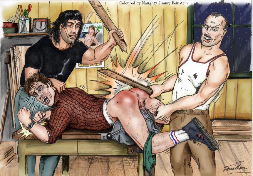"Let's tighten the vise some more. We don't want you to run off before your spanking is complete after all. Now tell us again how our woodshop doesn't fulfil the local safety code and will be closed down by the municipality..."  | Art by Jonathan