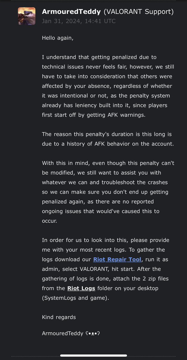 DailyDunk1's tweet photo. Notice how @VALORANT admitted it doesn’t matter if you intentionally cause your game to crash or not. If their software breaks it’s the players fault and they should be punished for @riotgames  game crashes. #bannedforayear https://t.co/RfnTeBS8U8