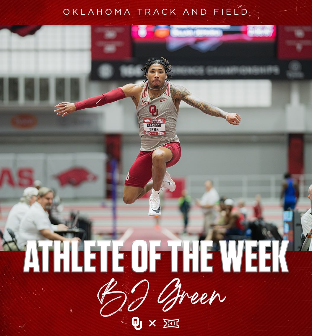 OU_Track's tweet photo. 𝙈𝙖𝙠𝙞𝙣𝙜 𝙢𝙤𝙫𝙚𝙨 ⭐️

BJ Green is named the men’s Big 12 T&amp;F Athlete of the Week! 

📰 │ https://t.co/zclJZYMAh7 https://t.co/2NTPy28HSl