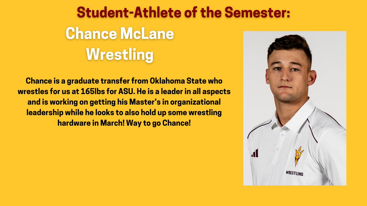 Congrats to Chance McLane from @ASUWrestling for receiving the award for High Achieving Male Student-Athlete of the Semester! Chance is a great example of what it means to be a Sun Devil as he succeeds in the classroom. @TheSunDevils #O2V